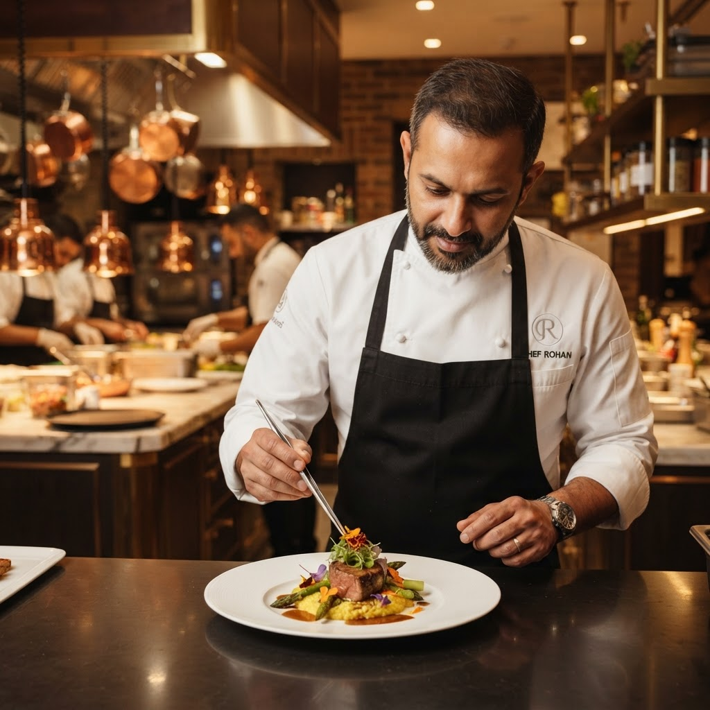 Professional chef garnishing an elegant plated dish