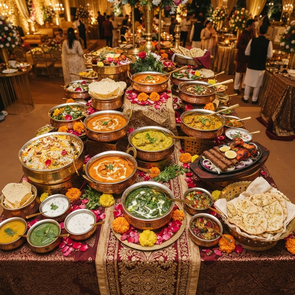 Luxurious Indian wedding catering buffet spread